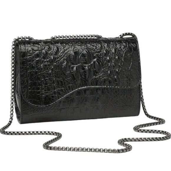 Handbags - Black Faux Crocodile Crossbody Bag | Embossed Croc Texture Chain Strap Purse